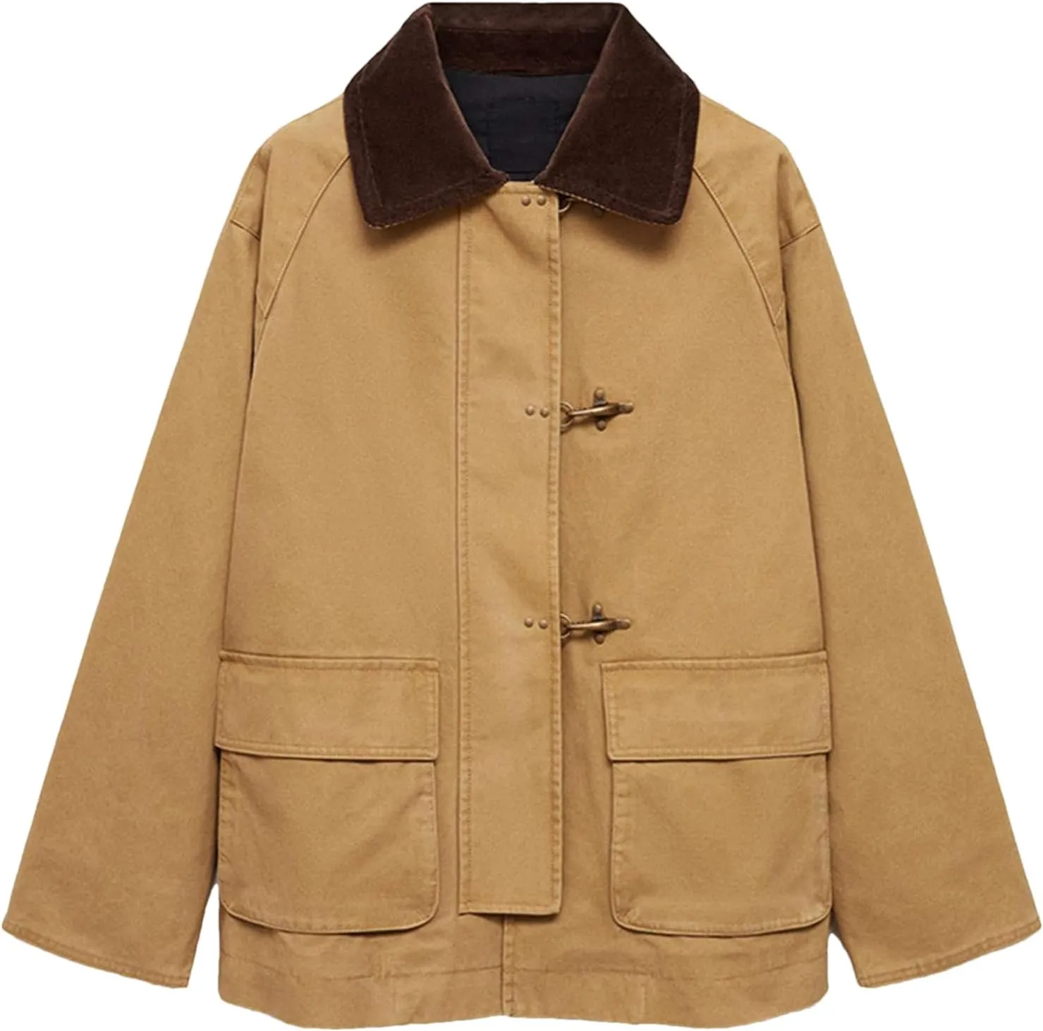 Lumister Womens Oversized Barn Jacket Contrasting Lapel Collar Retro Button Down Casual Canvas Coat Outwear