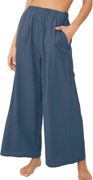 Lu's Chic Women's High Waisted Pants Wide Leg Trousers Beach Casual Palazzo Elastic Waist Casual