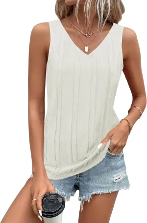 LUYAA Women's Summer V Neck Tank Tops Casual Textured Sleeveless Shirts Loose Basic Tanks