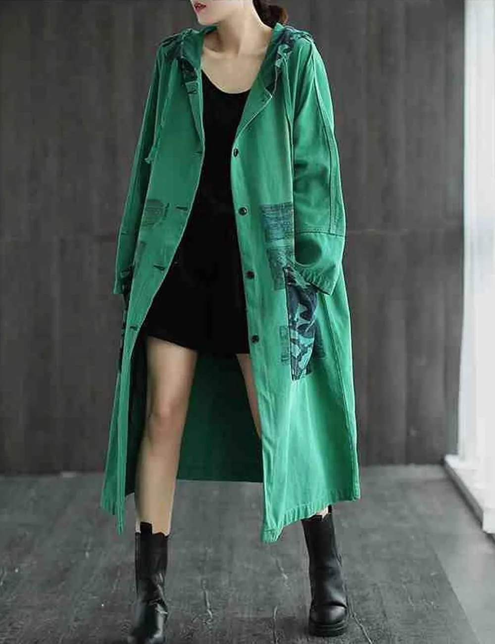 LUZU JUNU Women Fashion Loose Distressed Denim Trench Jacket Coat Casual Bohemian Jean Hooded Outwear with Pockets
