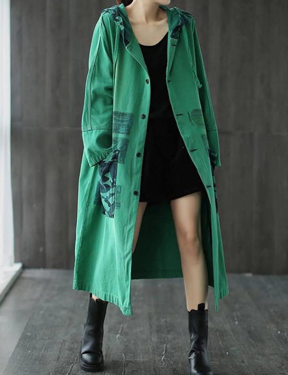 LUZU JUNU Women Fashion Loose Distressed Denim Trench Jacket Coat Casual Bohemian Jean Hooded Outwear with Pockets