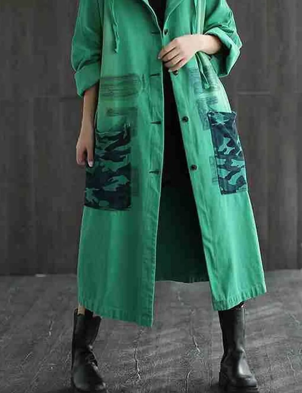 LUZU JUNU Women Fashion Loose Distressed Denim Trench Jacket Coat Casual Bohemian Jean Hooded Outwear with Pockets