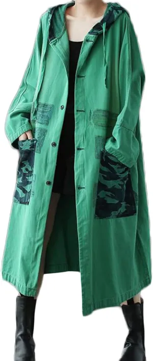 LUZU JUNU Women Fashion Loose Distressed Denim Trench Jacket Coat Casual Bohemian Jean Hooded Outwear with Pockets
