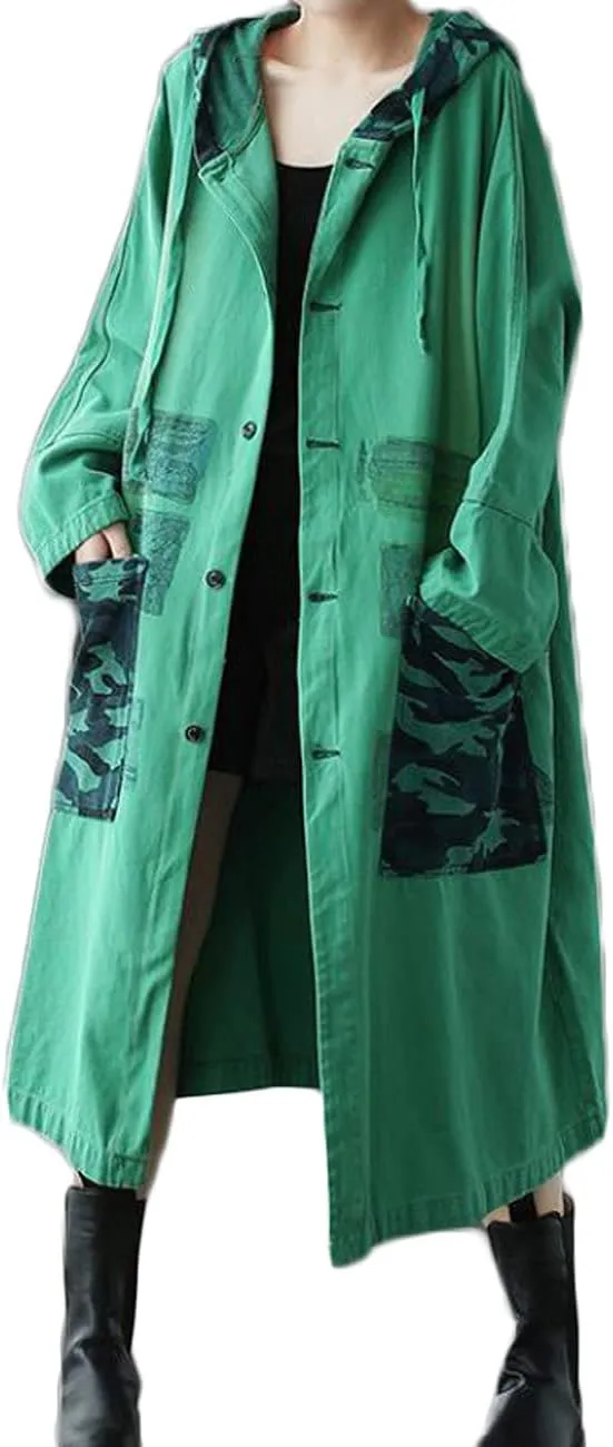 LUZU JUNU Women Fashion Loose Distressed Denim Trench Jacket Coat Casual Bohemian Jean Hooded Outwear with Pockets