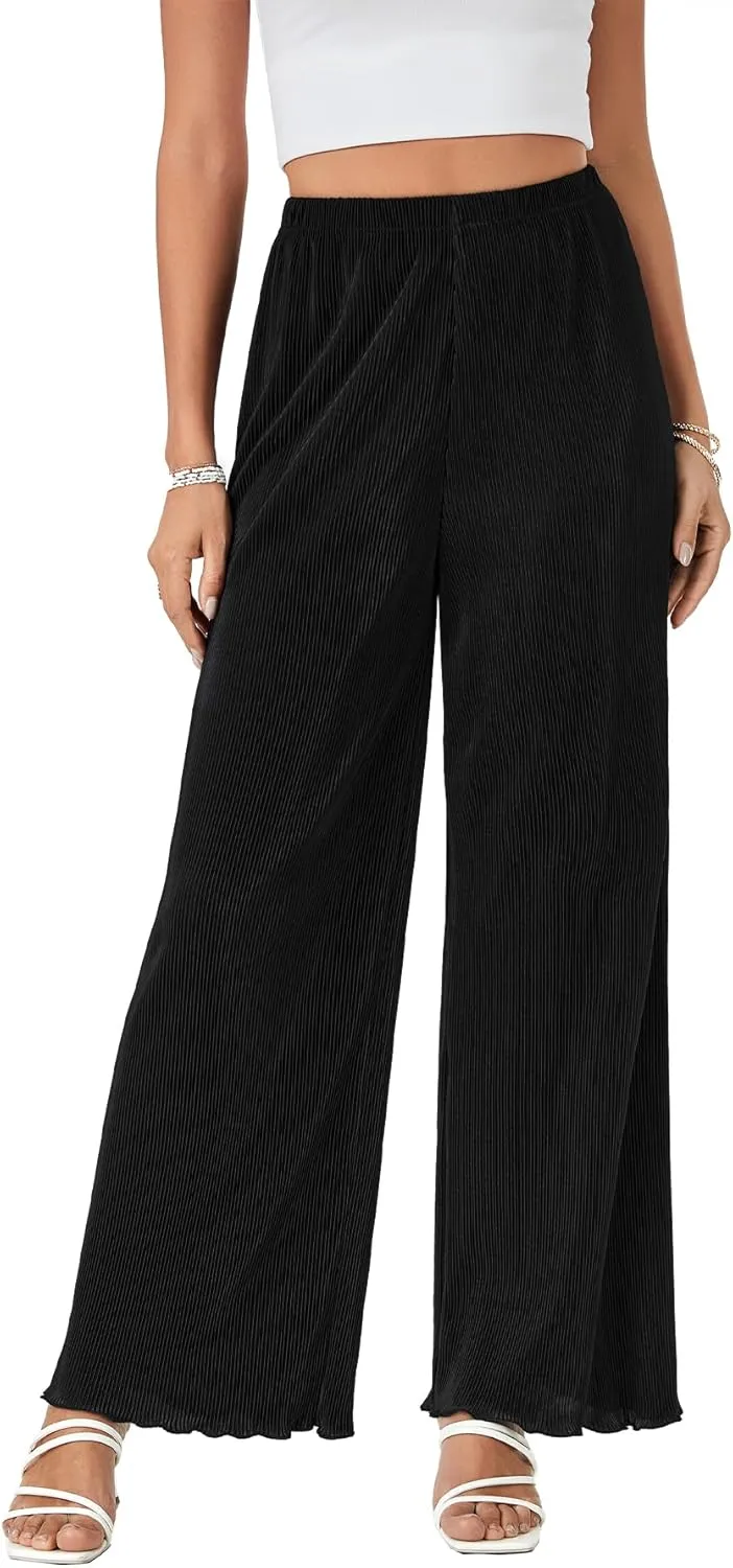 LYANER Women's Casual Wide Leg Pants Pleated High Elastic Waist Flowy Loose Palazzo Pants Work Trousers