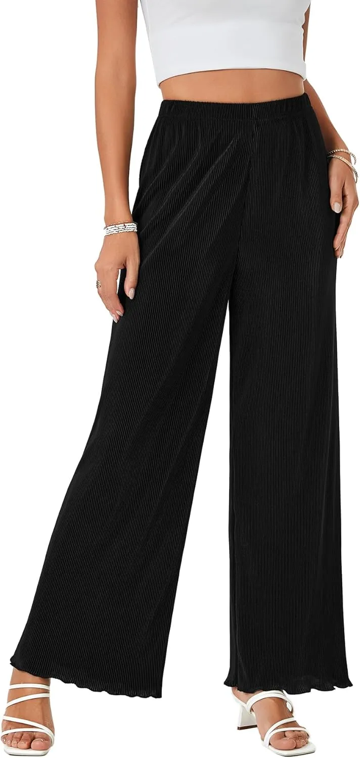 LYANER Women's Casual Wide Leg Pants Pleated High Elastic Waist Flowy Loose Palazzo Pants Work Trousers