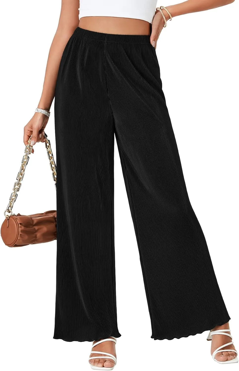 LYANER Women's Casual Wide Leg Pants Pleated High Elastic Waist Flowy Loose Palazzo Pants Work Trousers