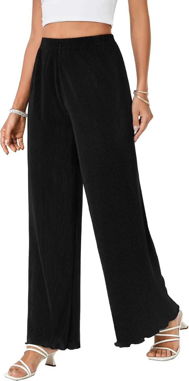 LYANER Women's Casual Wide Leg Pants Pleated High Elastic Waist Flowy Loose Palazzo Pants Work Trousers