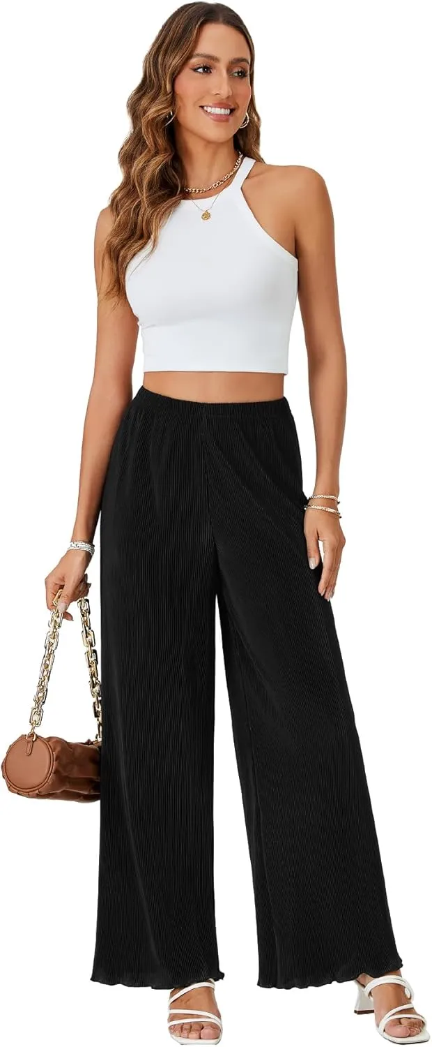 LYANER Women's Casual Wide Leg Pants Pleated High Elastic Waist Flowy Loose Palazzo Pants Work Trousers