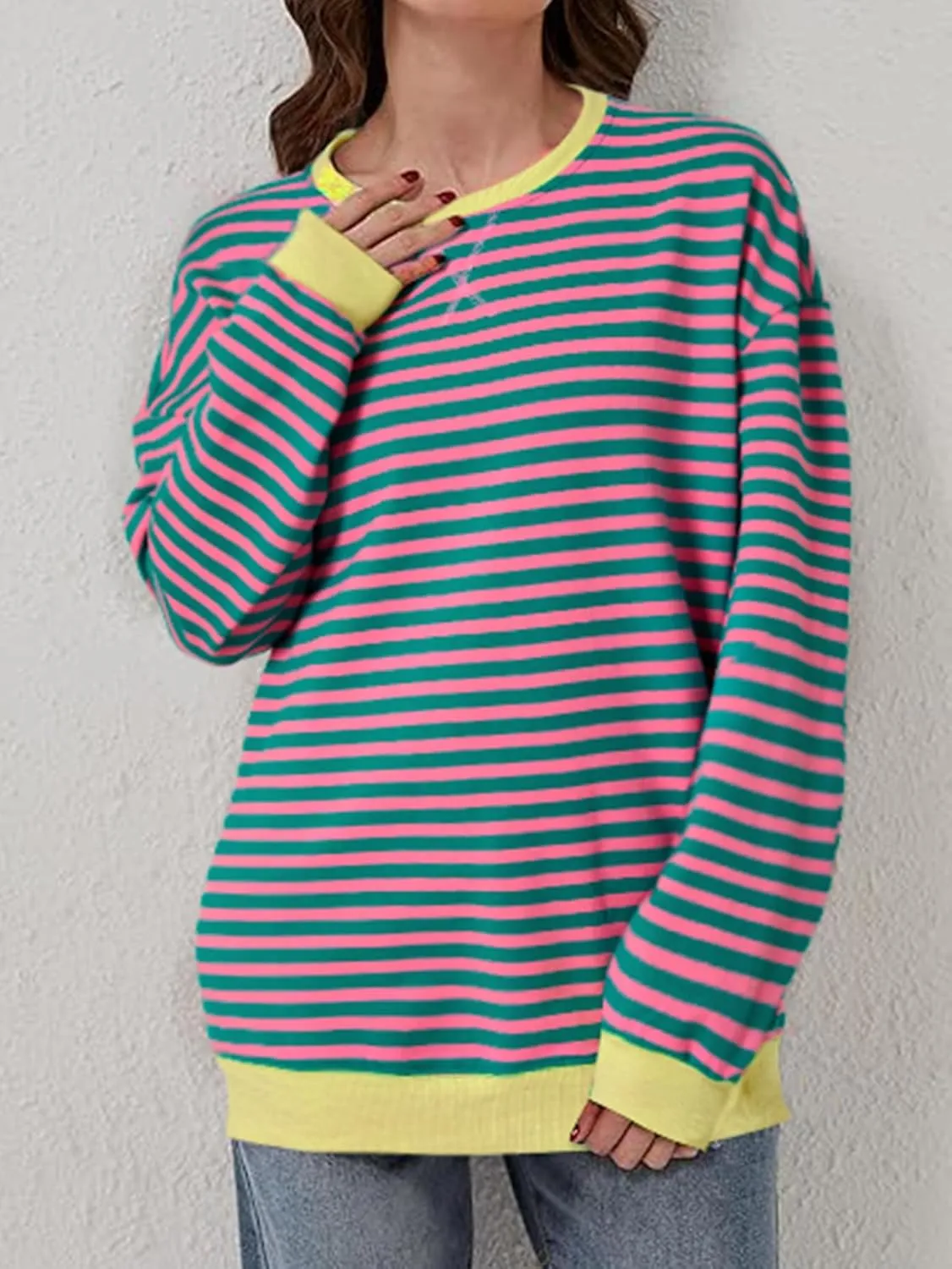 LYANER Women's Oversized Striped Color Block Sweatshirts Long Sleeve Crewneck Casual Loose Pullovers Tops Shirts