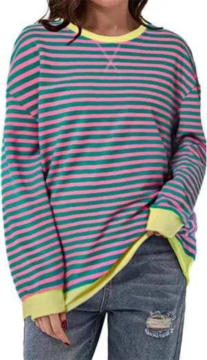 LYANER Women's Oversized Striped Color Block Sweatshirts Long Sleeve Crewneck Casual Loose Pullovers Tops Shirts