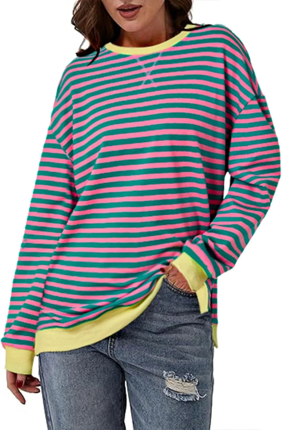 LYANER Women's Oversized Striped Color Block Sweatshirts Long Sleeve Crewneck Casual Loose Pullovers Tops Shirts