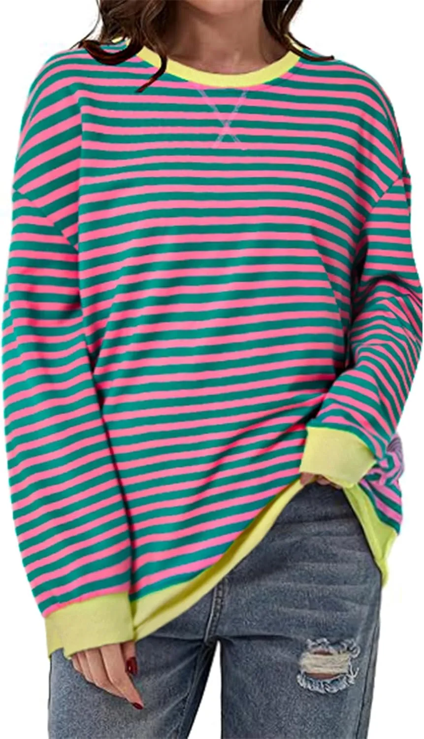 LYANER Women's Oversized Striped Color Block Sweatshirts Long Sleeve Crewneck Casual Loose Pullovers Tops Shirts