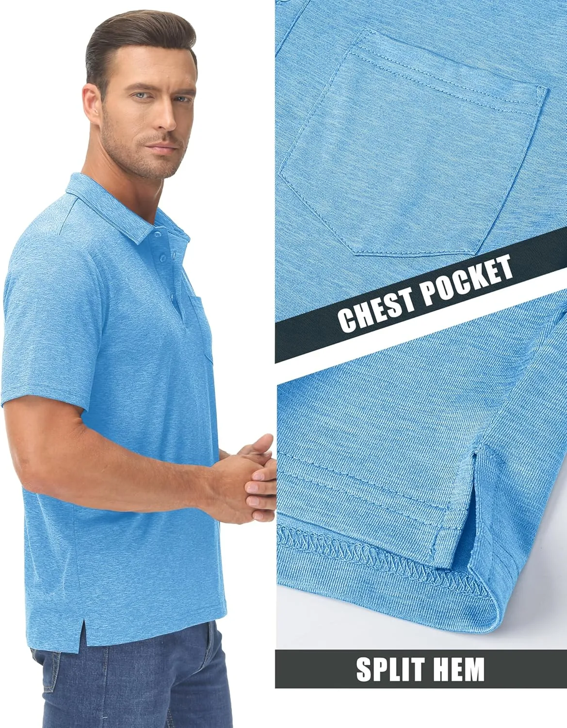 MAGCOMSEN Men's Short-Sleeve Golf Polo Shirts 3-Button Quick Dry Polo Athletic Casual Collared T-Shirt with Pocket