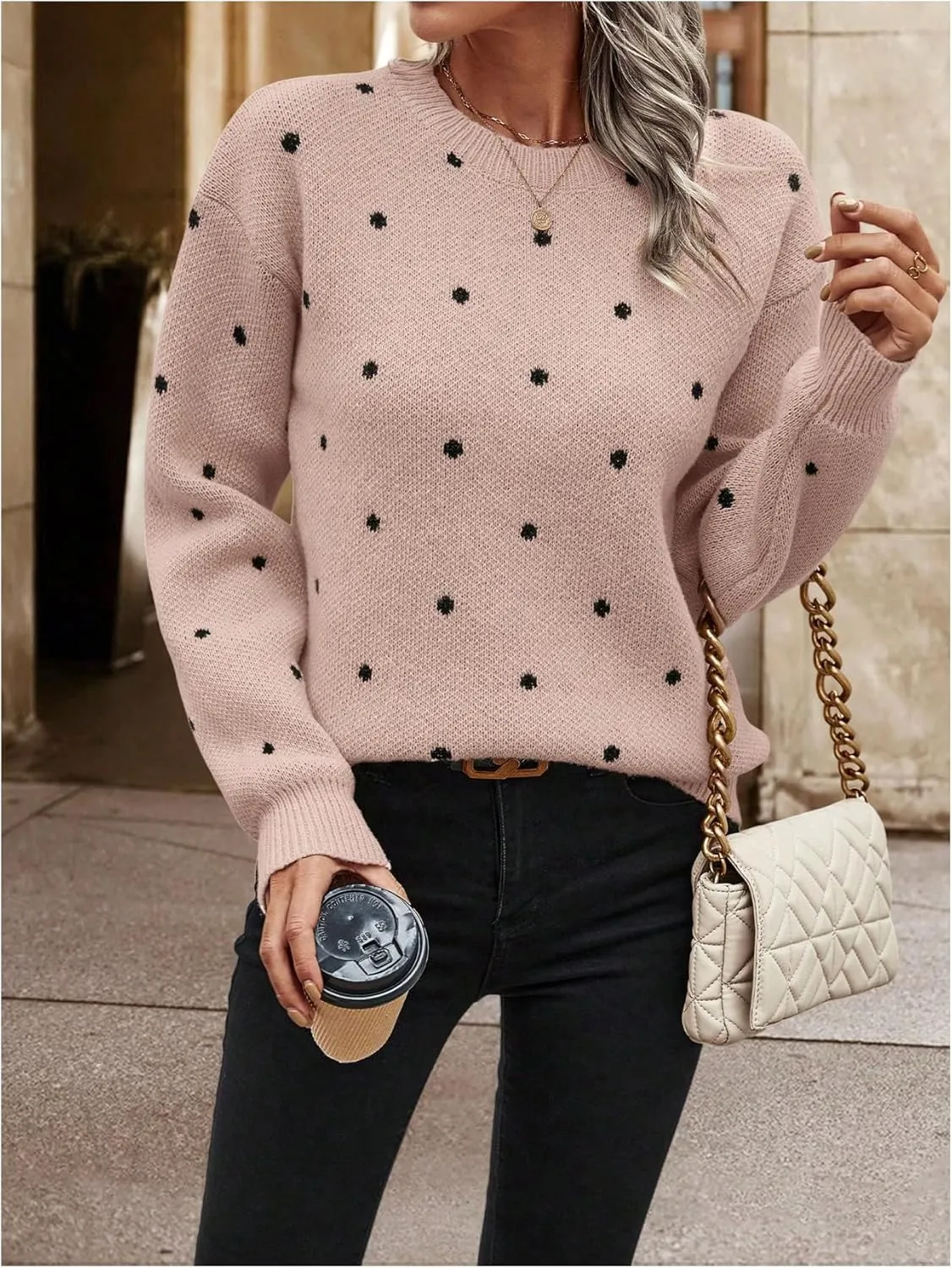 MakeMeChic Women's Polka Dots Sweaters Long Sleeve Round Neck Knitted Pullover Tops