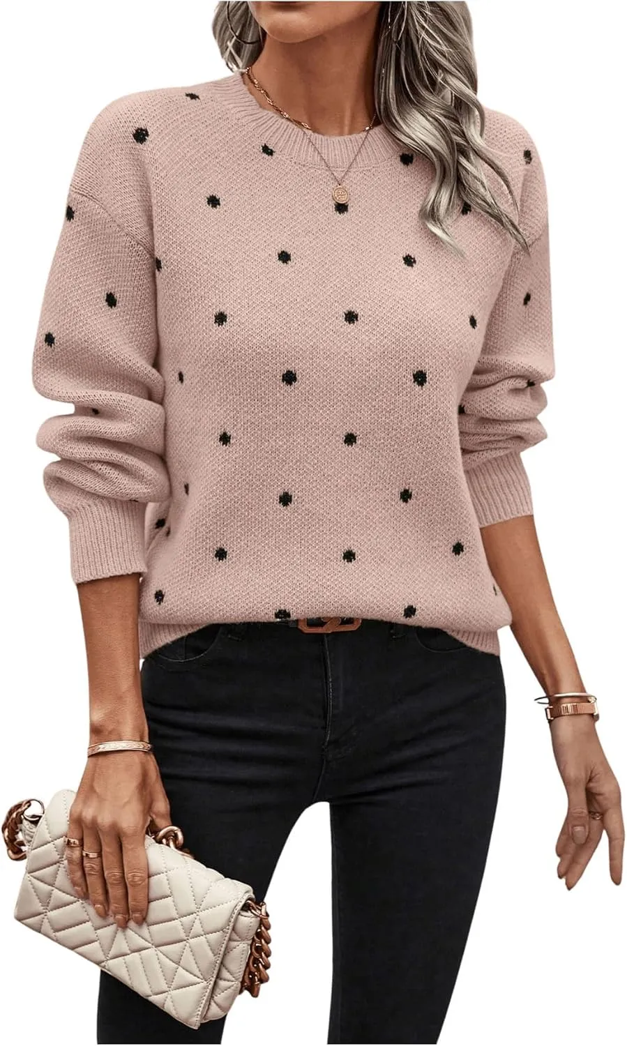 MakeMeChic Women's Polka Dots Sweaters Long Sleeve Round Neck Knitted Pullover Tops