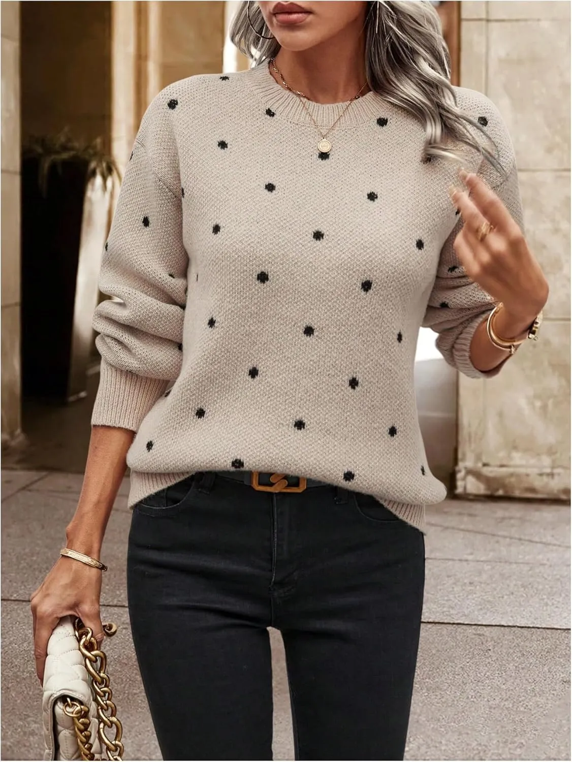 MakeMeChic Women's Polka Dots Sweaters Long Sleeve Round Neck Knitted Pullover Tops