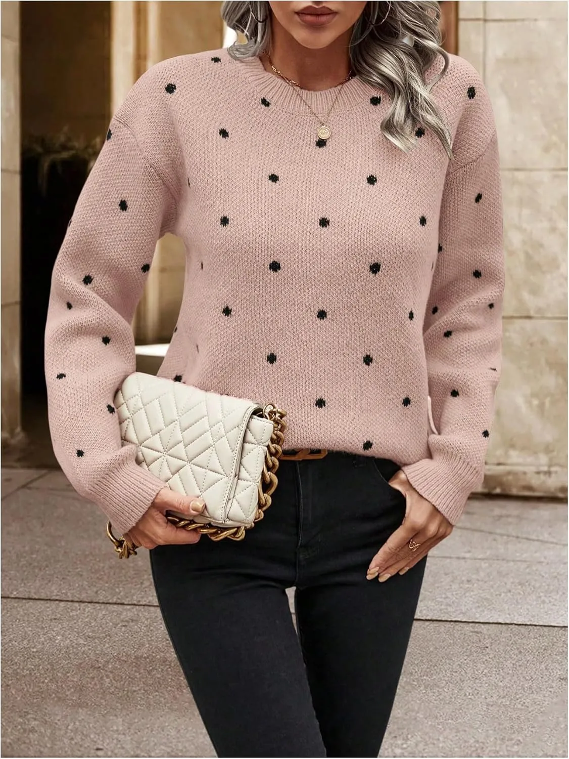 MakeMeChic Women's Polka Dots Sweaters Long Sleeve Round Neck Knitted Pullover Tops