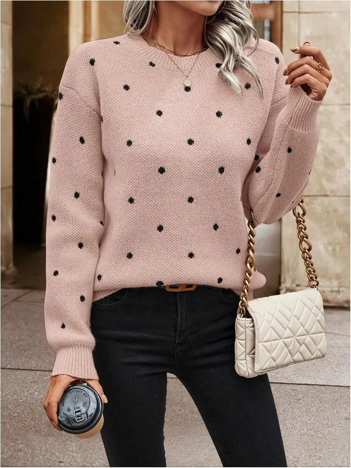 MakeMeChic Women's Polka Dots Sweaters Long Sleeve Round Neck Knitted Pullover Tops