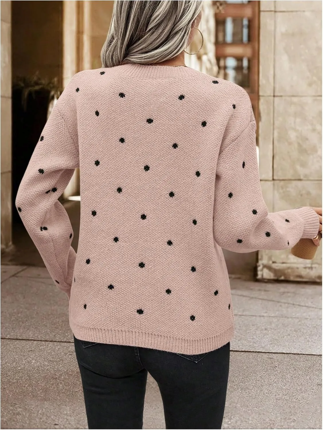 MakeMeChic Women's Polka Dots Sweaters Long Sleeve Round Neck Knitted Pullover Tops