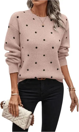MakeMeChic Women's Polka Dots Sweaters Long Sleeve Round Neck Knitted Pullover Tops