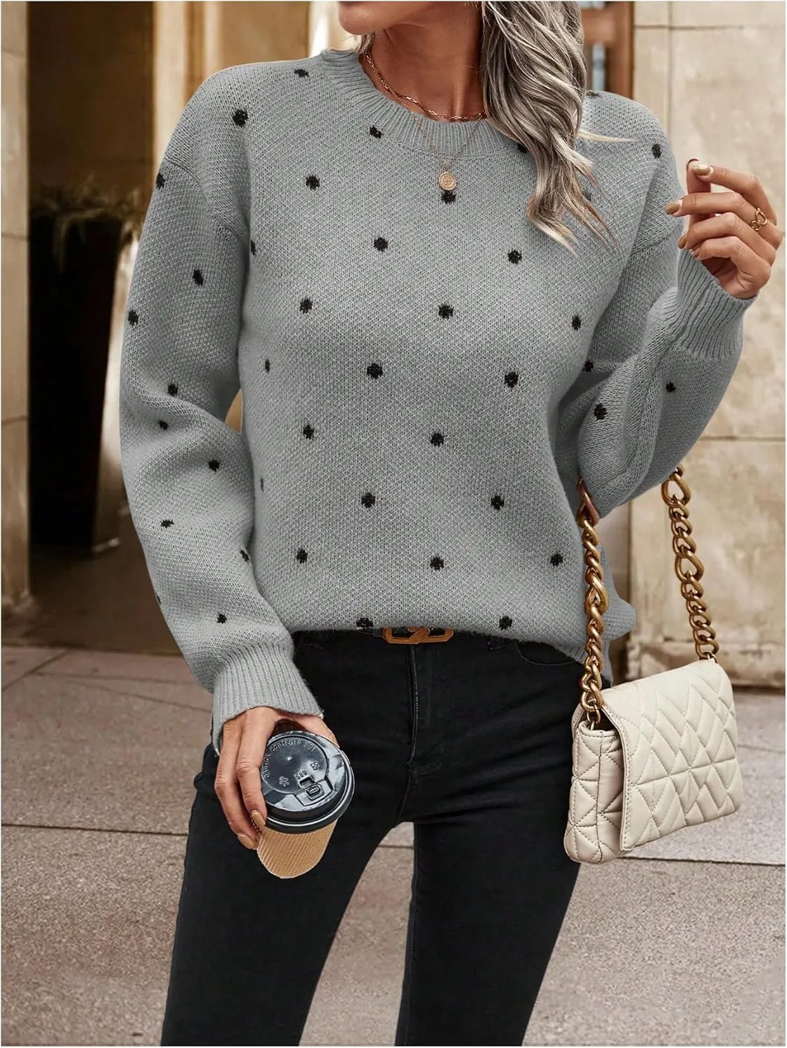 MakeMeChic Women's Polka Dots Sweaters Long Sleeve Round Neck Knitted Pullover Tops
