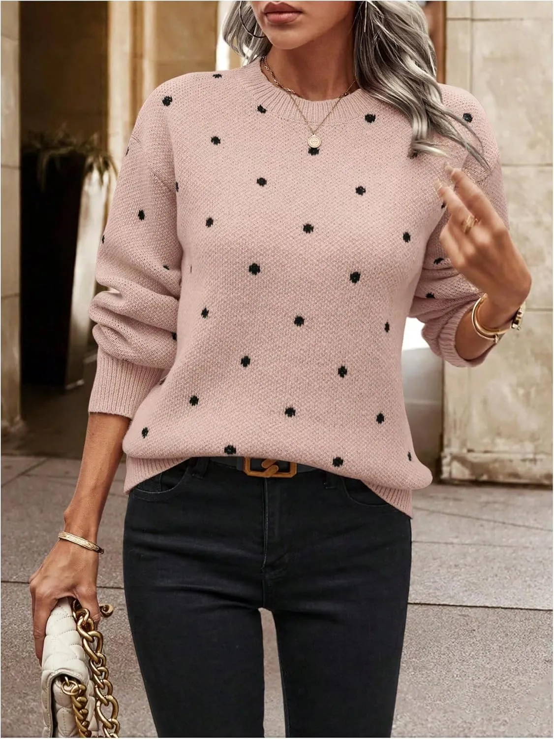 MakeMeChic Women's Polka Dots Sweaters Long Sleeve Round Neck Knitted Pullover Tops