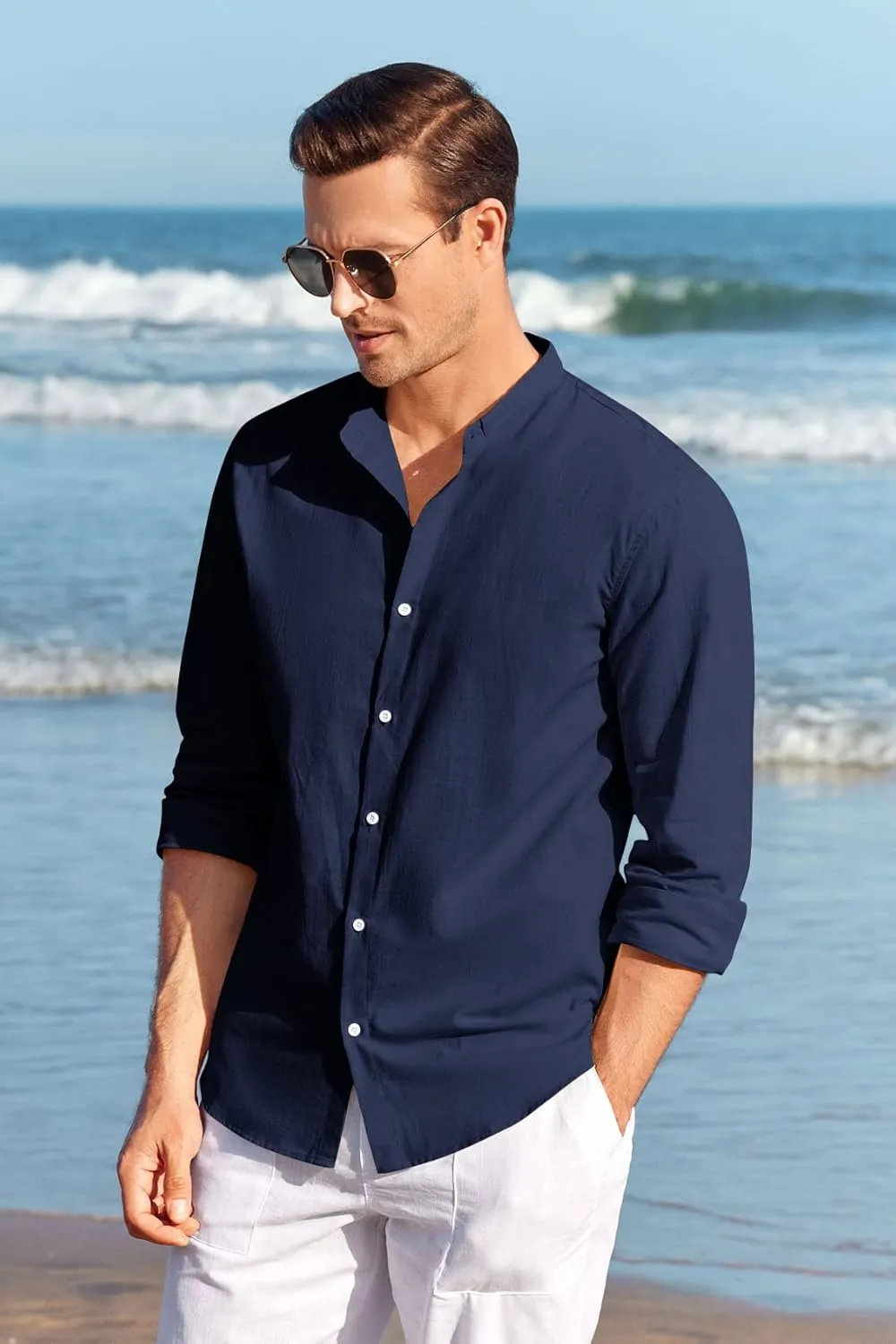 Makkrom Men Linen Shirt Button Down Long Sleeve Cotton Beach Band Collar Casual Summer Shirts