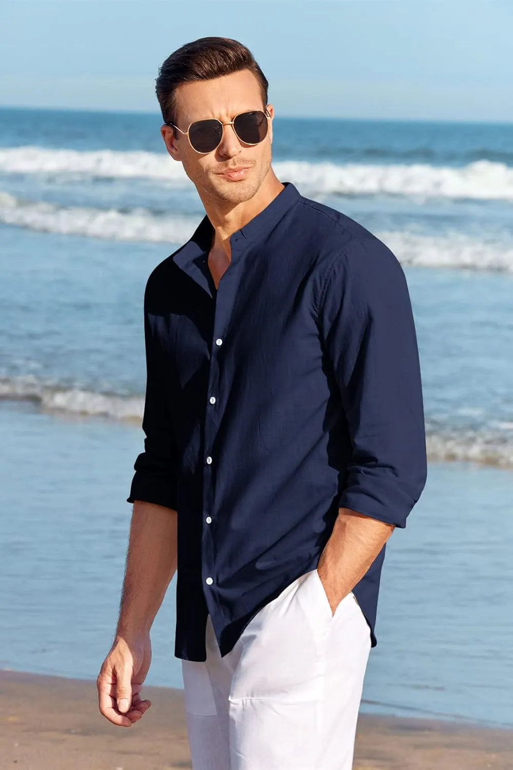 Makkrom Men Linen Shirt Button Down Long Sleeve Cotton Beach Band Collar Casual Summer Shirts