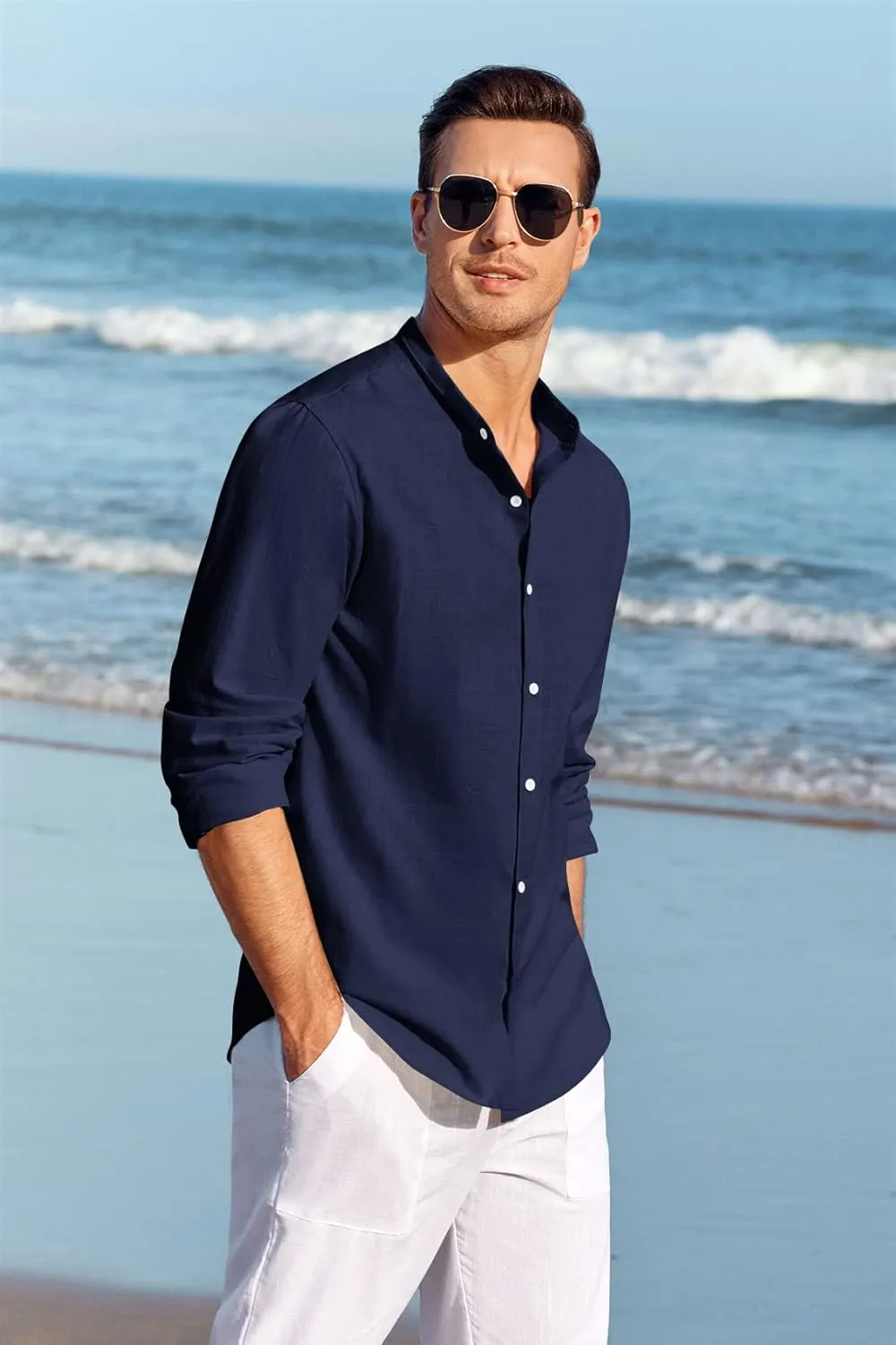 Makkrom Men Linen Shirt Button Down Long Sleeve Cotton Beach Band Collar Casual Summer Shirts