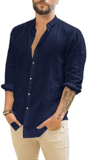 Makkrom Men Linen Shirt Button Down Long Sleeve Cotton Beach Band Collar Casual Summer Shirts