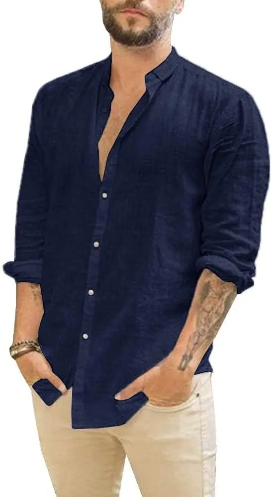 Makkrom Men Linen Shirt Button Down Long Sleeve Cotton Beach Band Collar Casual Summer Shirts