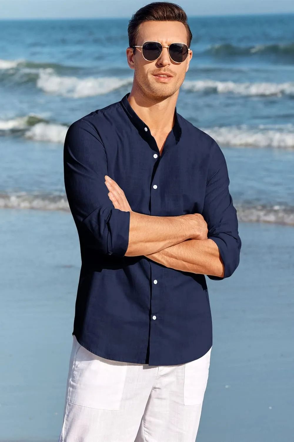 Makkrom Men Linen Shirt Button Down Long Sleeve Cotton Beach Band Collar Casual Summer Shirts