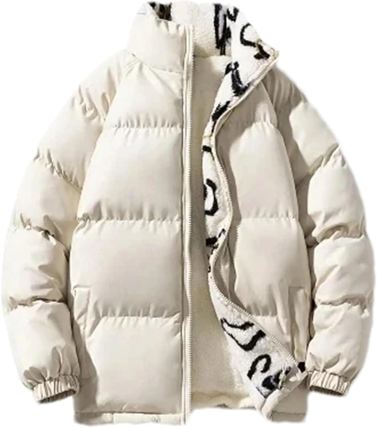 Man Zipper Stand Collar Cotton-Padded Jacket Solid Classic Thick Warm Plush Coat
