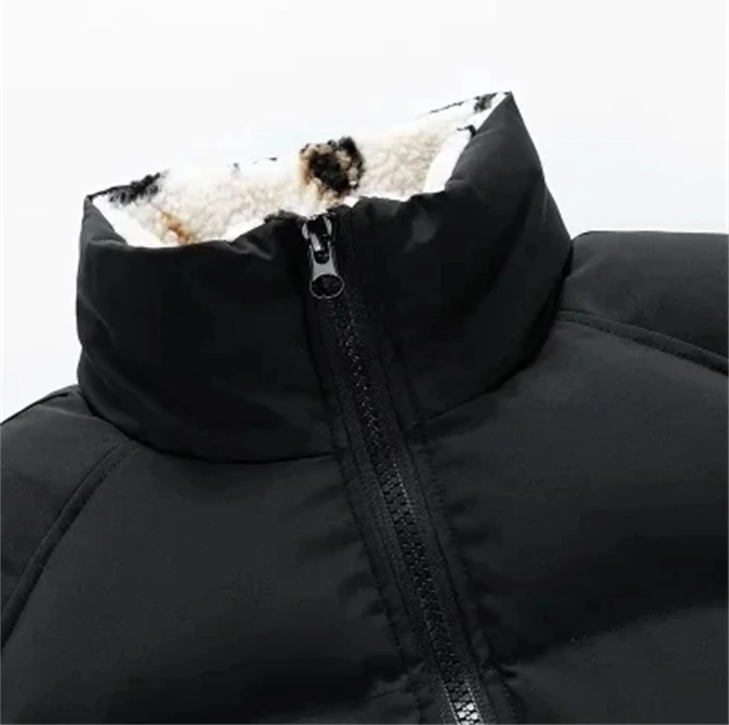 Man Zipper Stand Collar Cotton-Padded Jacket Solid Classic Thick Warm Plush Coat