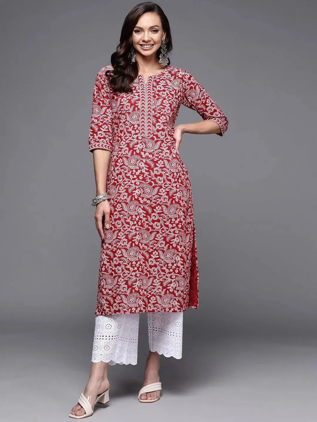 Maroon Printed Cotton Straight Kurta