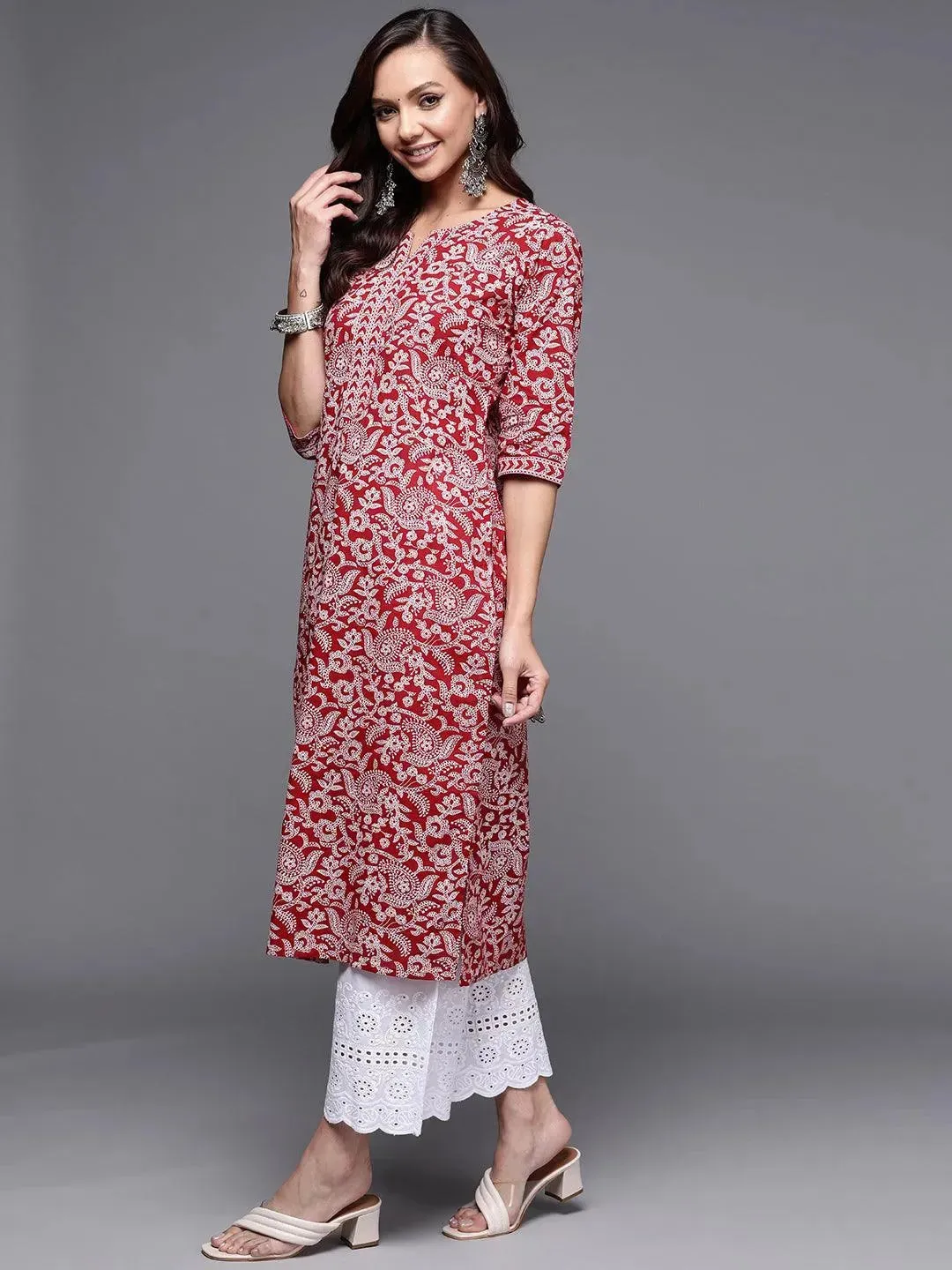 Maroon Printed Cotton Straight Kurta