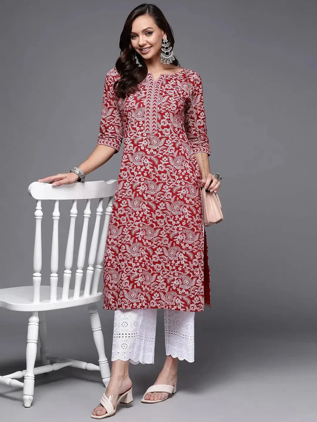 Maroon Printed Cotton Straight Kurta