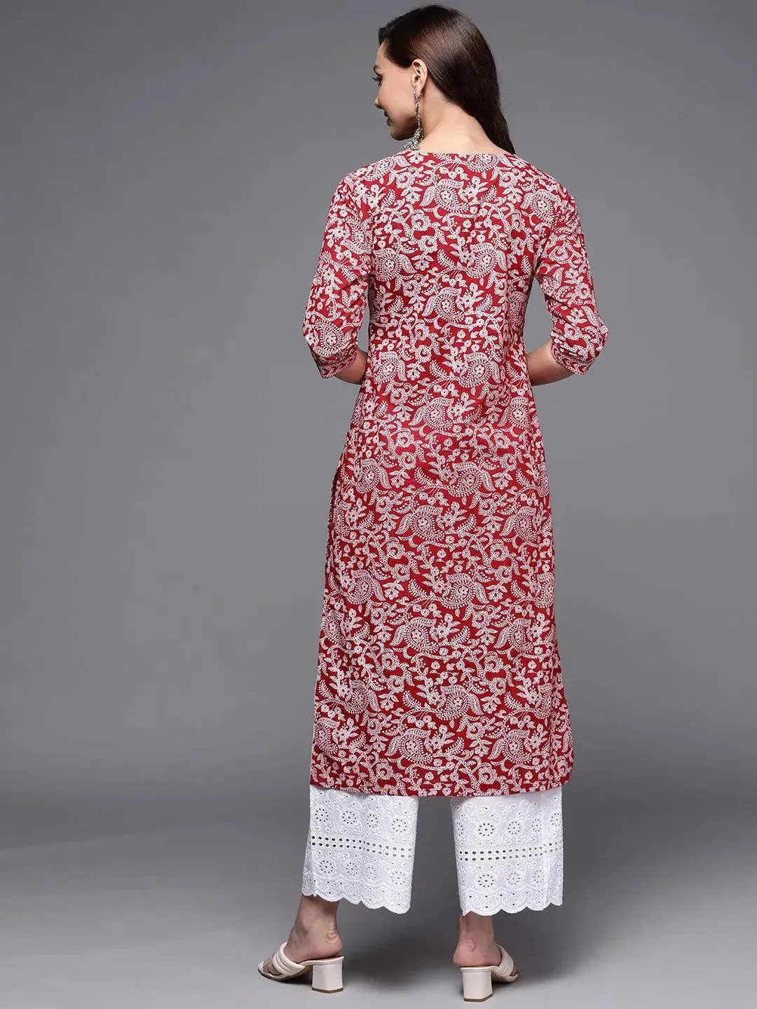 Maroon Printed Cotton Straight Kurta