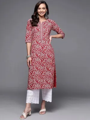 Maroon Printed Cotton Straight Kurta