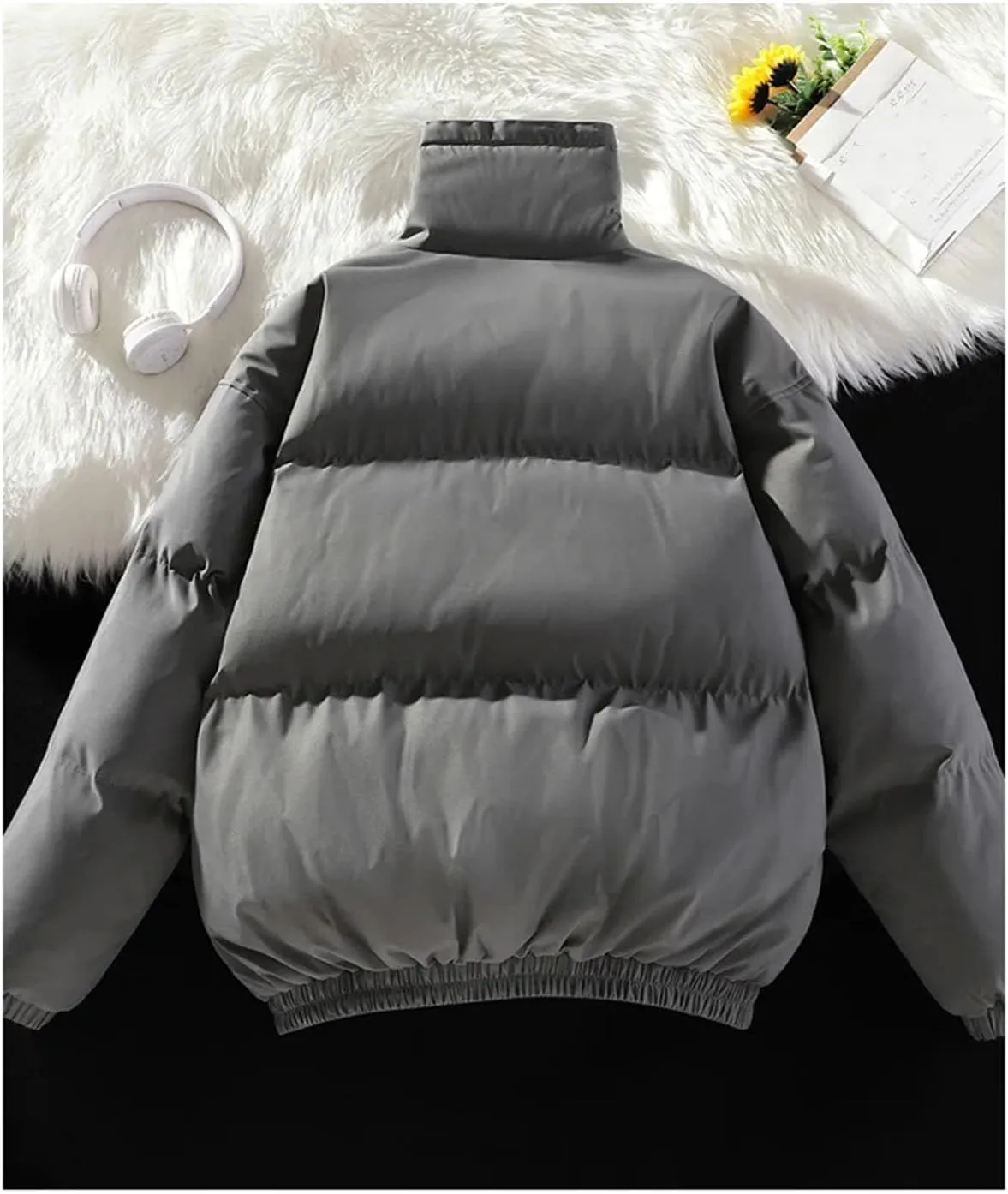 Men Drawstring Stand Collar Solid Color Cotton-Padded Warm Casual Zipper Parka Coat