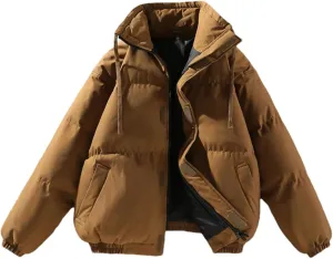Men Drawstring Stand Collar Solid Color Cotton-Padded Warm Casual Zipper Parka Coat