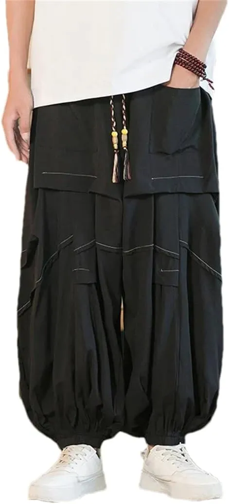 Men Elastic Waist Wide-Leg Harem Pants Thin Printed Harajuku Pant Jogging Lantern Trousers