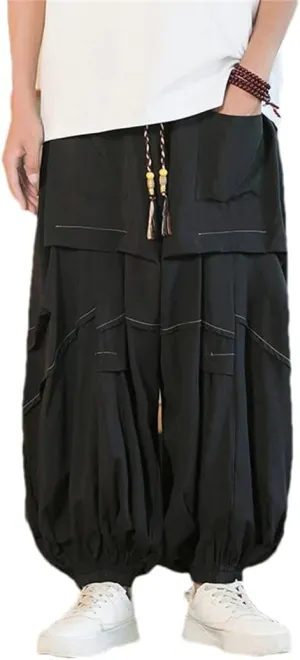 Men Elastic Waist Wide-Leg Harem Pants Thin Printed Harajuku Pant Jogging Lantern Trousers