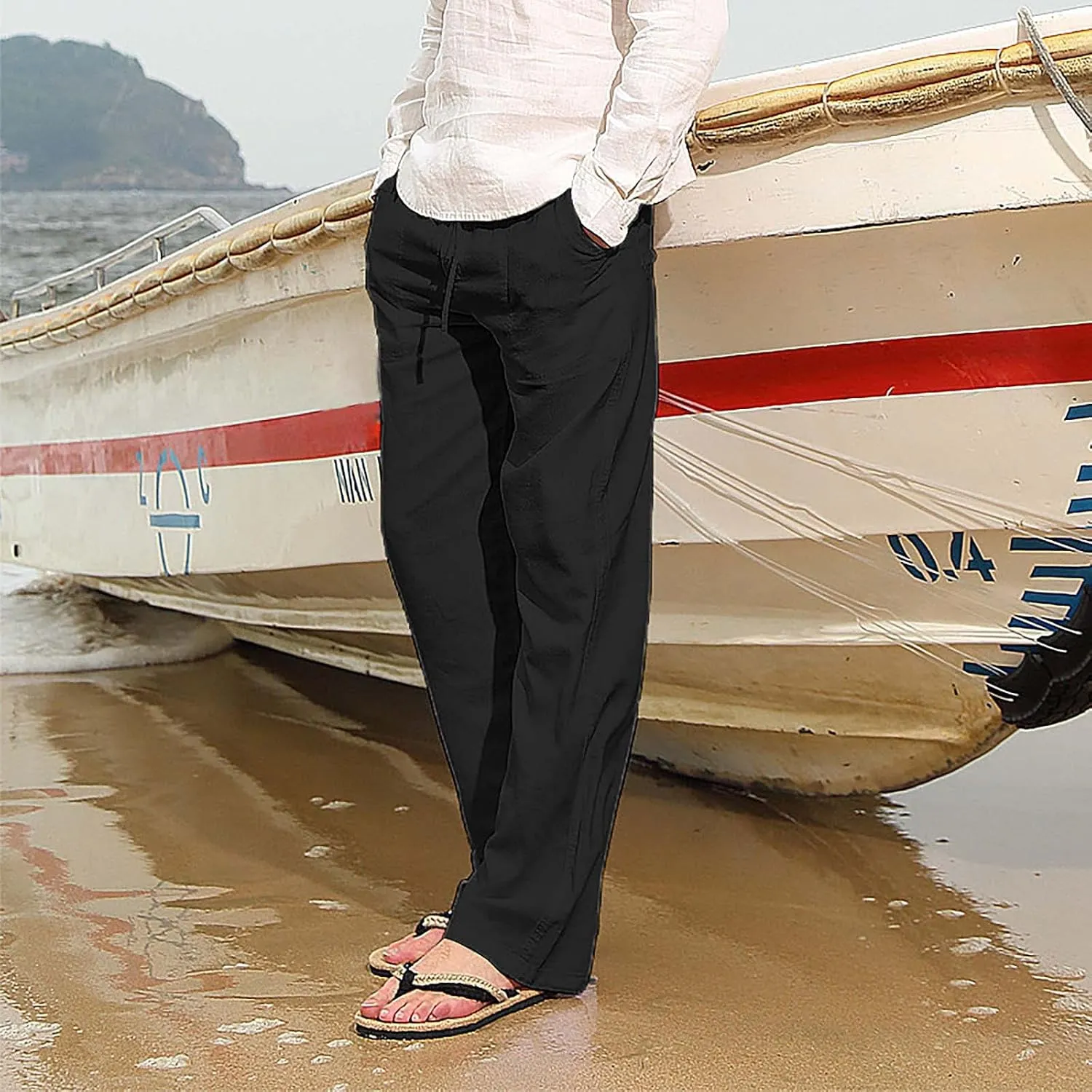 Men Fashion Cotton Linen Plus Size Casual Elastic Waist Pockets Long Pants