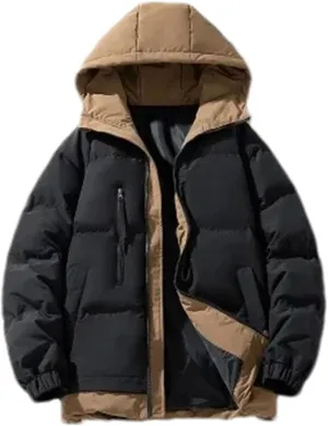 Men Hooded Patchwork Cotton-Padded Jacket Classic Thicken Fake Two Piece Parka Coat