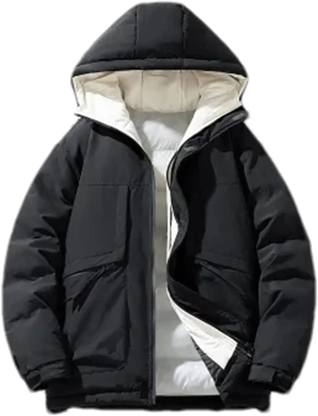 Men Hooded Solid Color Cotton-Padded Classic Outdoor Thicken Oversized Warm Zipper Parka Coat