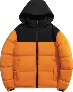 Men Hooded Stand Collar Patchwork Cotton-Padded Warm Casual Long Sleeve Zipper Parka Coat