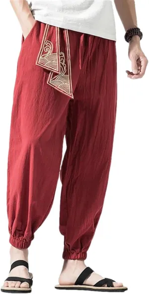 Men Linen Japanese Print Belt Vintage Harem Pants Mens Hip Hop Harajuku Baggy Trousers