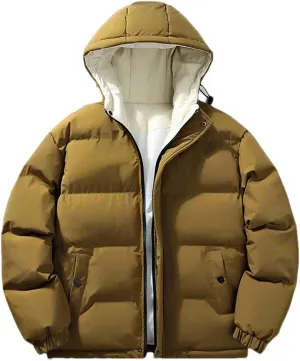 Men Outdoor Hooded Cotton-Padded Jacket Classic Solid Oversized Zipper Parka Coat